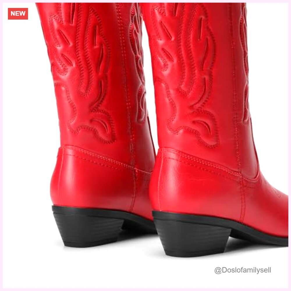 Women's Mid Calf Cowboy Boots with Embroidery Stitching, 1.37-Inch Heel - Picture 2 of 7